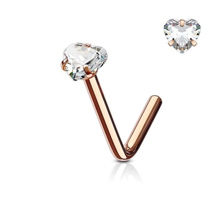 Piercing nez tige en L or rose gemme coeur (0.8 mm)