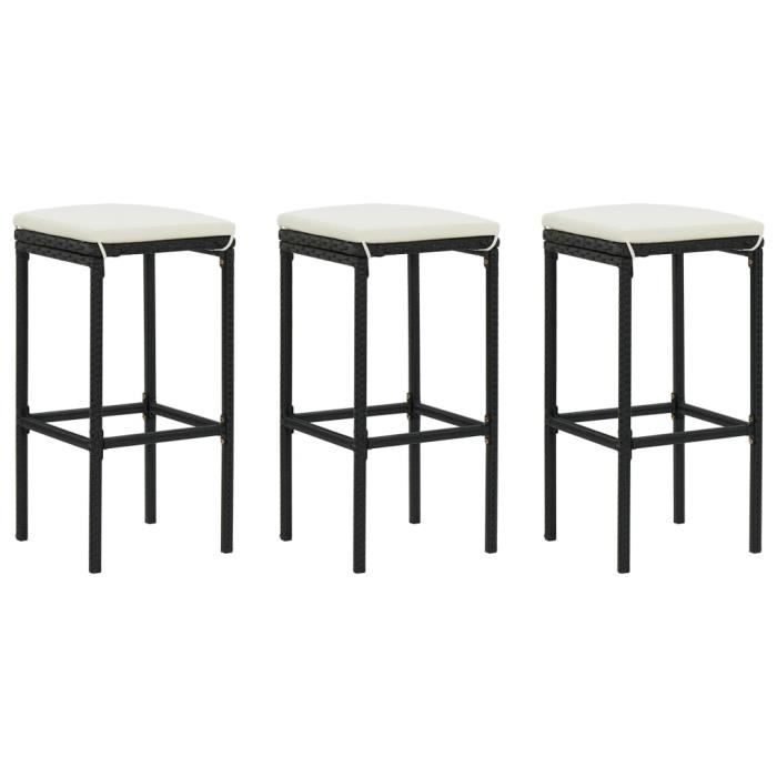 LIA Tabourets de bar avec coussins 3 pcs Noir Résine tressée