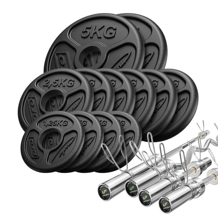 Marbo Sport - Set 65 kg - Barre olympique 180 cm + barre curl légèrement incurvée 120 cm + 2x barre haltères 50 cm + disques de poid