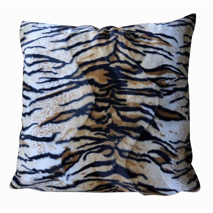O'CBO Coussin déhoussable fourrure Tigre - 57 x 57 cm - Noir, crème et orange
