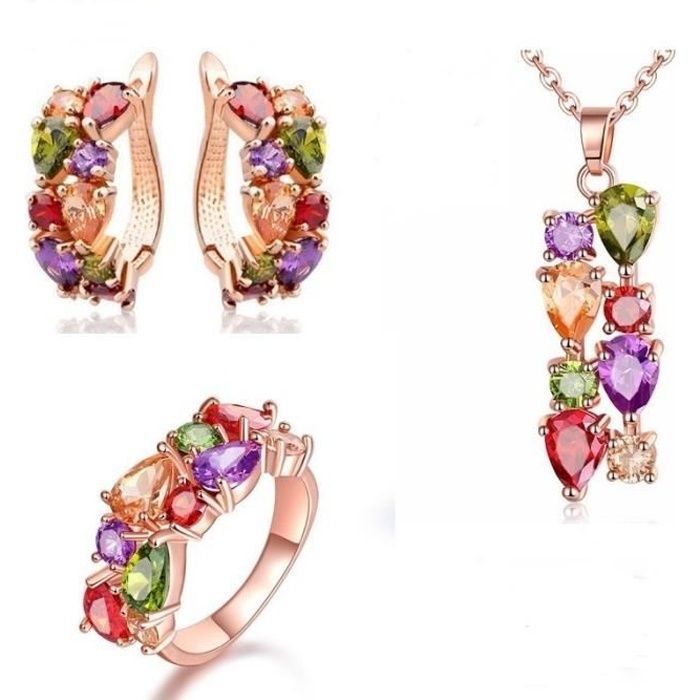 Parure Bijoux Goutte Bague Cristal Swarovski Elements Multicolore Plaqué Or Rose 750