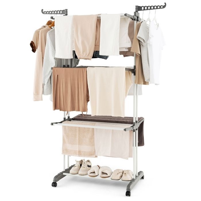 GIANTEX Étendoir/Séchoir à Linge Pliable à Roulettes-4 Niveaux-24 Rails de Séchage+2 Porte-Cintres+Porte Chaussures-en Métal-Gris