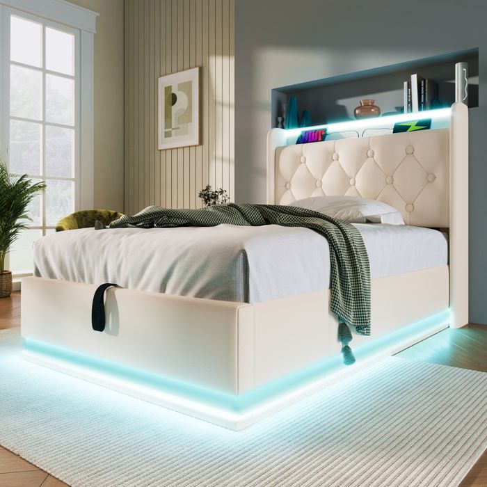 Lit coffre - Similicuir - 90x200cm - LED - USB & Type-C - Blanc moderne