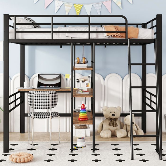 Lit Mezzanine 1 Place 90x190 Cm Conforama - Gris Métal Avec 2 étagères Et Matelas Inclus