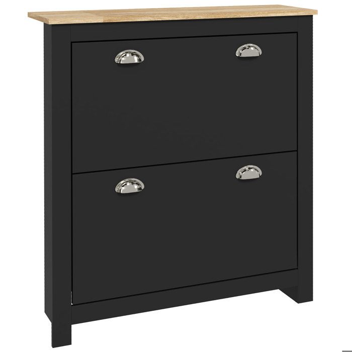 Armoire à chaussures - HOMCOM - 2 portes abattantes - 2 compartiments - poignées coquilles métal - en bois - noir et chêne