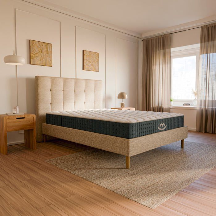Pack lit beige et matelas hybride 80x200 épais 26cm - Léa & Jade - Morphea