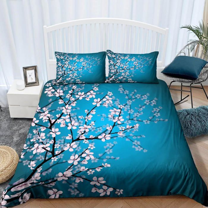 Parure De Lit URBONUR 3 Pièces Coton égyptien – Motif Fleur De Prunier Bleue – Housse Couette 172x223 Cm + 2 Taies – Qualité 800 Fils, Oeko-Tex