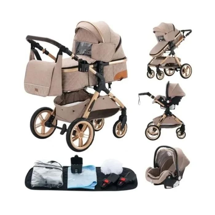 Poussette 3 en 1 Bébé Combinée Siège-Auto Nacelle Trio Réversible Réglable Haute Qualité Roues increvables Canne.KAKI