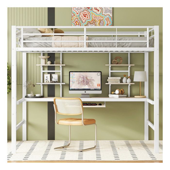 Lit mezzanine 140 x 200 cm avec deux étagères et bureau Lit enfant avec cadre de lit en métal Lit double en Blanc