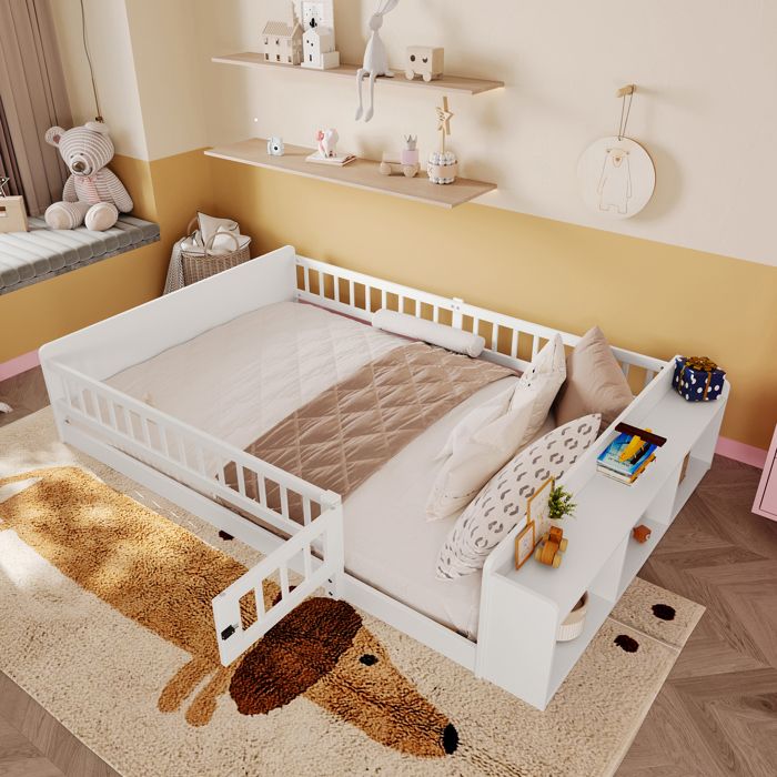 Lit combiné enfant - 140 x 190 cm - pin-rangements ouverts étagères housse ouvrante sans matelas blanc