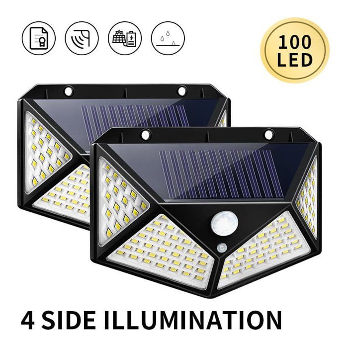 [Lot de 2] Lampes solaires extérieures 100LED 270° détecteur mouvement 3 modes étanches murale sécurité jardin YYV