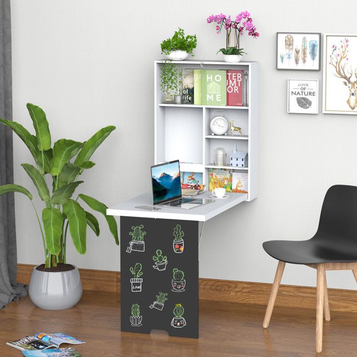 Table Murale Rabattable Meuble de Rangement Pliable en MDF avec Etagère Intégrée et Tableau Noir 60 x 88 5 x 146 5 cm