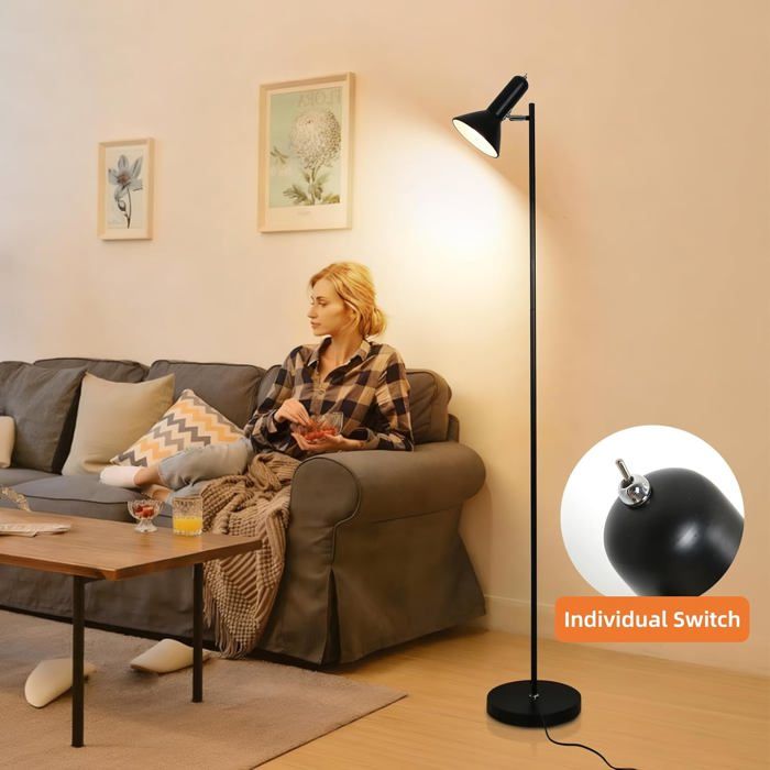 Lampadaire DIYA Lampe de Lecture - Noir Vintage Métal 161cm Douille E27 Max 60W Pour Chambre/Bureau/Salon Sans Ampoule