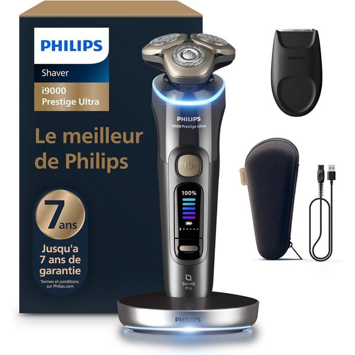 Philips Rasoir i9000 Prestige Ultra Rasoir électrique sec et humide technologie Skin IQ Pro système Triple Lift & Cut lames de précision NanoTech rotatives à 360° 5 modes de rasage XP940211