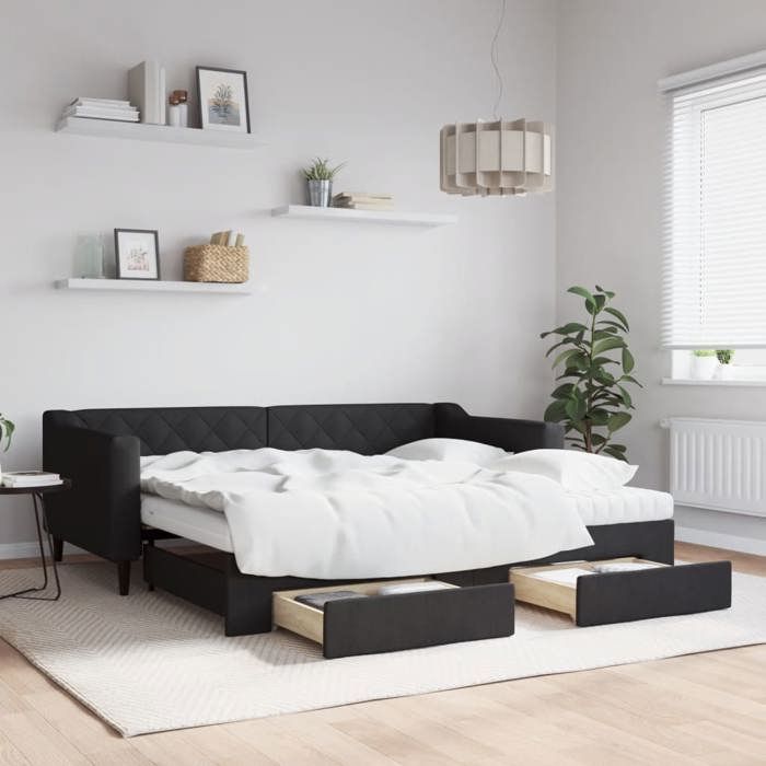 Lit de jour avec lit gigogne - vidaXL - Noir - 90x190 cm - Tiroirs intégrés - Matelas en mousse - Tissu polyester