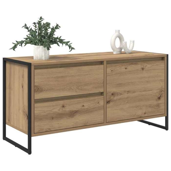 Meuble TV en bois dingénierie - vidaXL - Chêne artisan - 100x36x49.5 cm - Avec tiroir - Avec porte - Pieds en acier