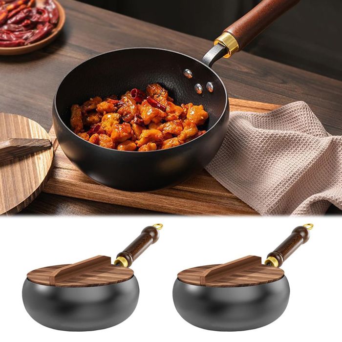 Wok en fonte 28cm - Poêle en fonte non revêtu - Wok domestique en fonte - couvercle en bois - Compatible plaques gaz et à induction