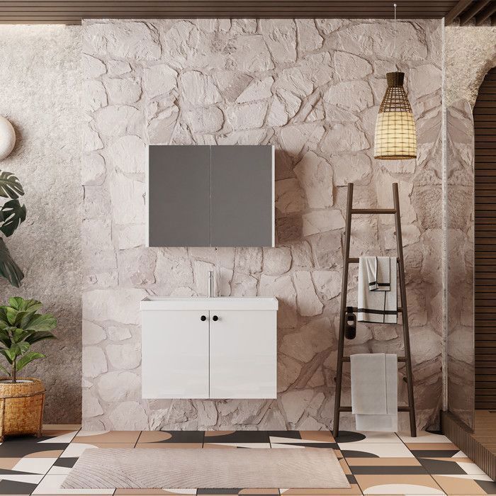 Meuble de salle de bain Mimoza 80 cm – Ensemble 3 pièces anthracite avec vasque céramique armoire miroir