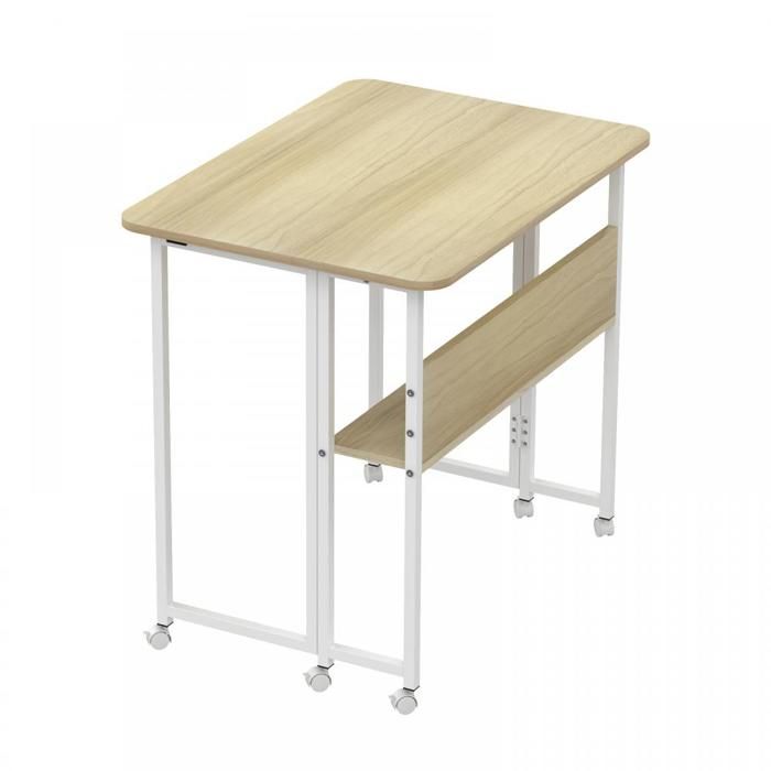 KEDIA Bureau Pliant avec Roulettes Bureau Dordinateur Pliable Érable Blanc Bords Lisses Facile à Nettoyer Espace de Rangement