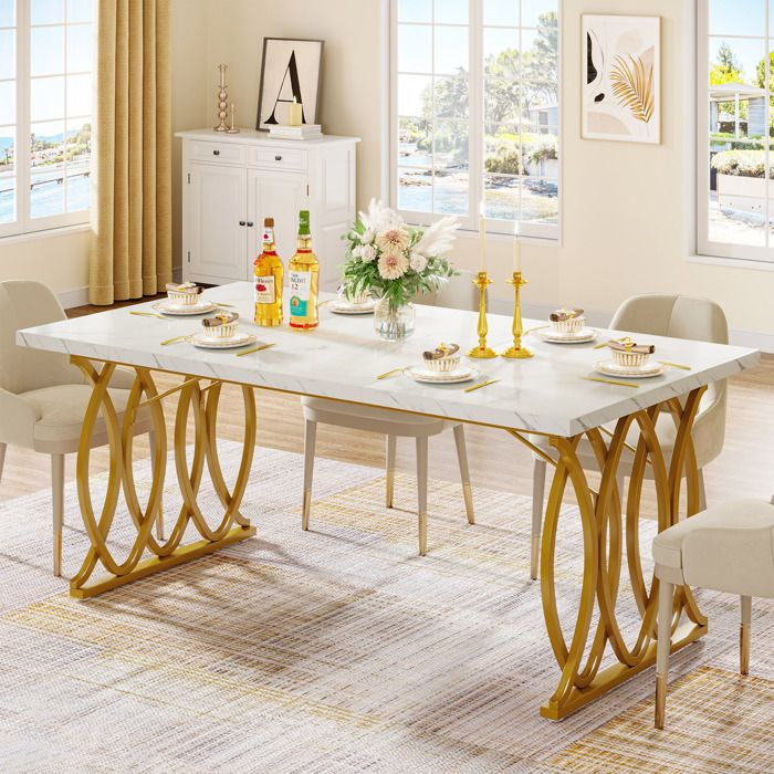 Table à Manger ModerneLittle Tree160x80x75 cmTable de Cuisine Rectangulaire pour 6 PersonnesPour SalonCuisineBlanc et Doré