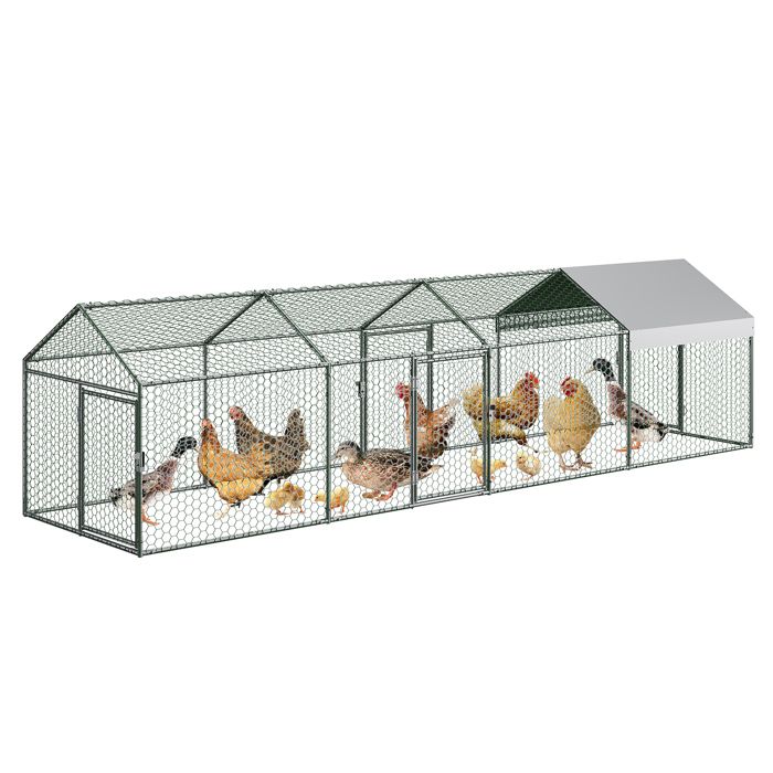 Comparer les prix de Grand Poulailler Métallique en Acier Galvanisé Toit Imperméable + Anti-UV Parc Grillagé Portable pour Poules Lapins 4x1x1m-Blanc