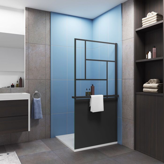 Paroi de douche 90x200cm style industriel + Étagère de Douche 90cm en alu noir + 8mm verre anticalcaire