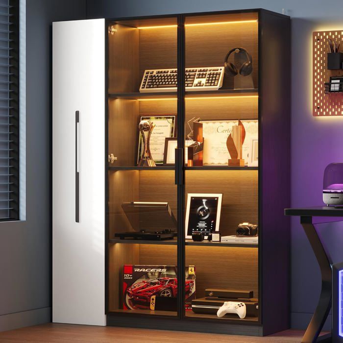 Vitrine Vitrine en Verre pour Collection Armoire Salon Modernes avec Portes et roulettes Vaisselier Vitrine LED Blanc & Noir