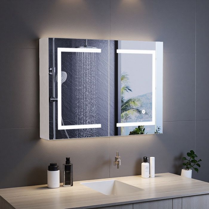 Armoire de salle de bain - 80x60 cm - Miroir LED 3 couleurs - 2 portes - 3 étagères
