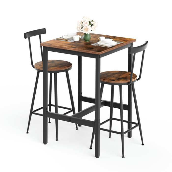 Ensemble Table De Bar Et Tabourets 60x60x90cm Marron Rustique Style Industriel Métal Repose-pieds Pour Salle À Manger Et Salon