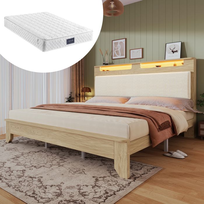 Lit - 140x200 cm - Tête de lit LED intégrée - Velours côtelé beige - Sommier à lattes chêne clair