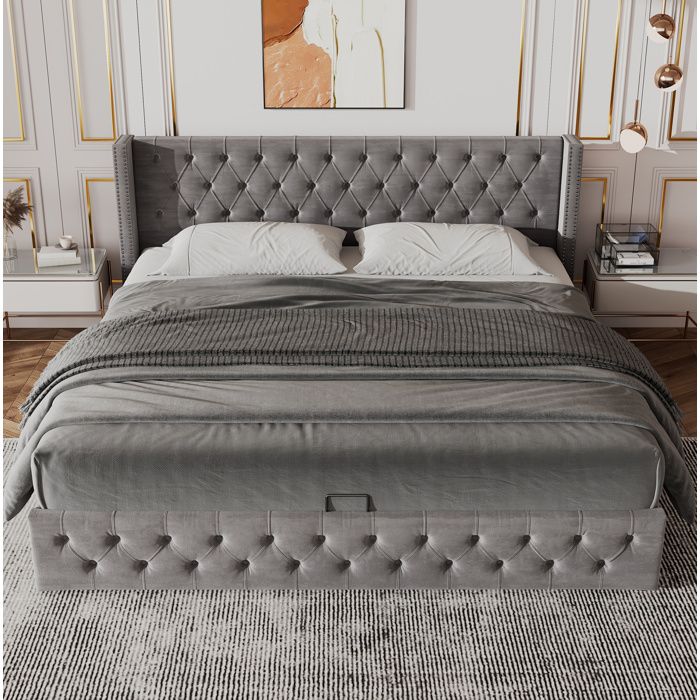 Lit Coffre Hydraulique 140x200 cm Lit 2 Place Pour Adulte Design Rivet Avec Fond Velours Gris