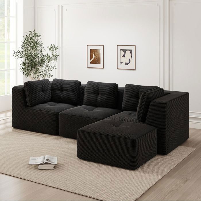 Canapé d’angle modulaire en velours côtelé noir avec ottomane