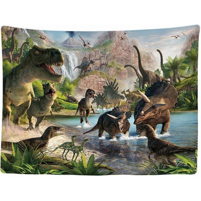 Tapisserie Murale Décorative Chambre - Groupe de Dinosaures T-Rex - 200 x 150 cm Grand Groupe de dinosaures