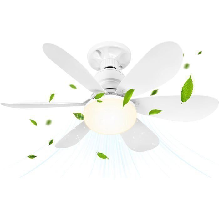 Ventilateur de Plafond avec Lumière et Telecommande 52CM 40W Petit Dimmable Ventilateur LED avec Douille E27 6 Pale BLANC