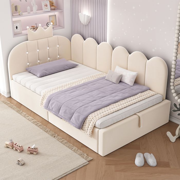 Lit coffre enfant 90x190 cm - Lit banquette avec tête de lit et sommier à lattes - En velours - Beige - Sans matelas