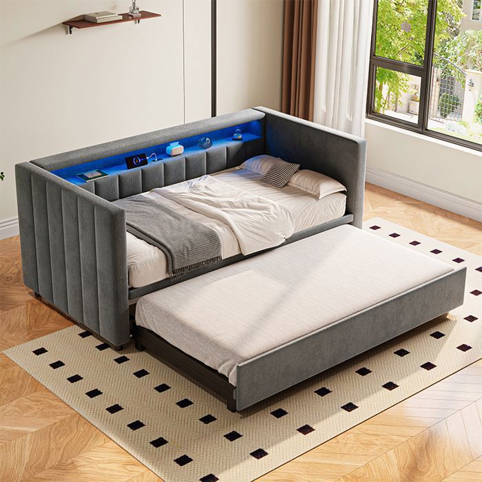 Banquette-lit gigogne 90x190 cm en velours avec LED port USB-C rangement et lit dappoint - Gris foncé