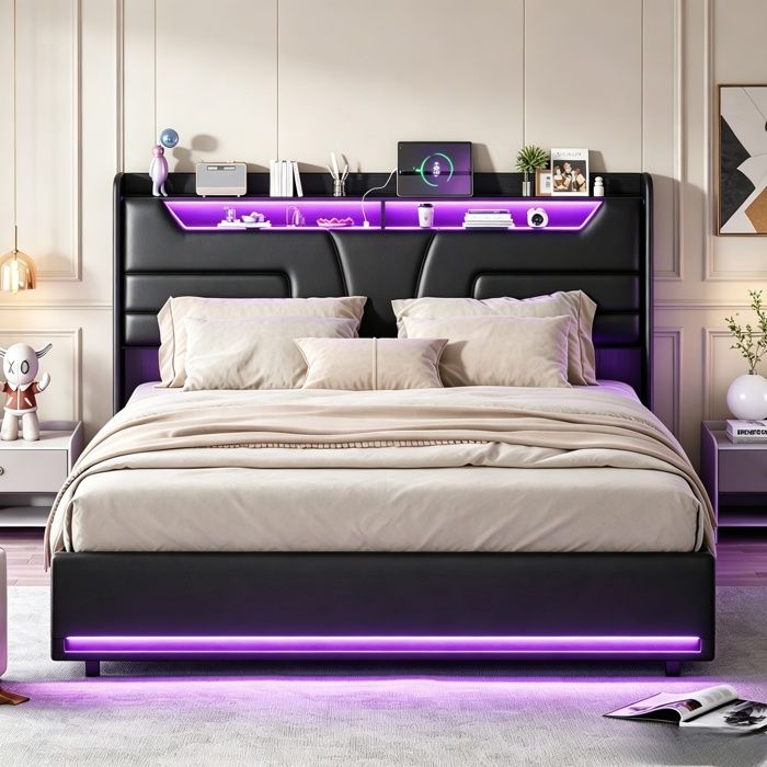 Lit coffre 160x200 cmlit doublelit adolescentrangementtête lit LEDstation charge USBsommierPUnoir