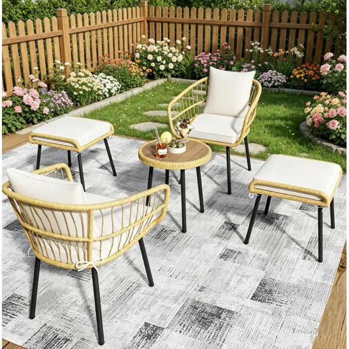 Salon de Jardin 4 Personnes avec Table et Tabourets Ensemble Bistrot Extérieur Mobilier de Jardin pour Balcon et Patio Blanc