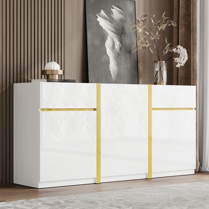 Buffet - PAGE Living - Laqué brillant doré - 3 portes 2 tiroirs - 160x40x78 cm
