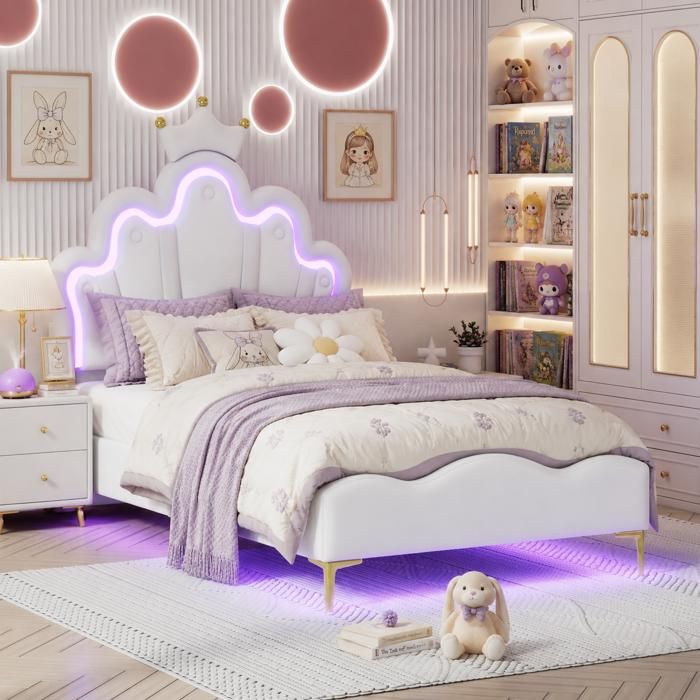 Lit enfant 90x200 cm lit simple avec sommier à lattes et éclairage LED LIT capitonné avec tête de lit en forme de nuage Blanc