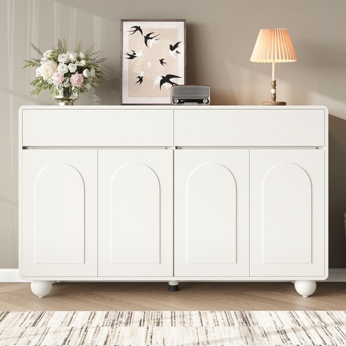 Buffet bahut moderne 2 tiroirs 4 portes étagères réglables façades courbes coins arrondis MDF PB pieds métal salon