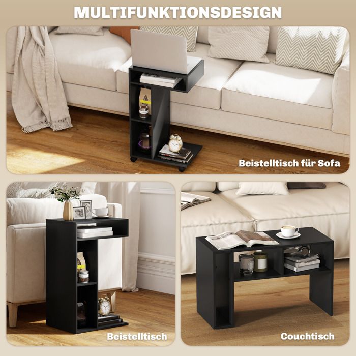 Table d’appoint - Forme C - Noir - 4 étagères - Roulettes multidirectionnelles (2 freins)