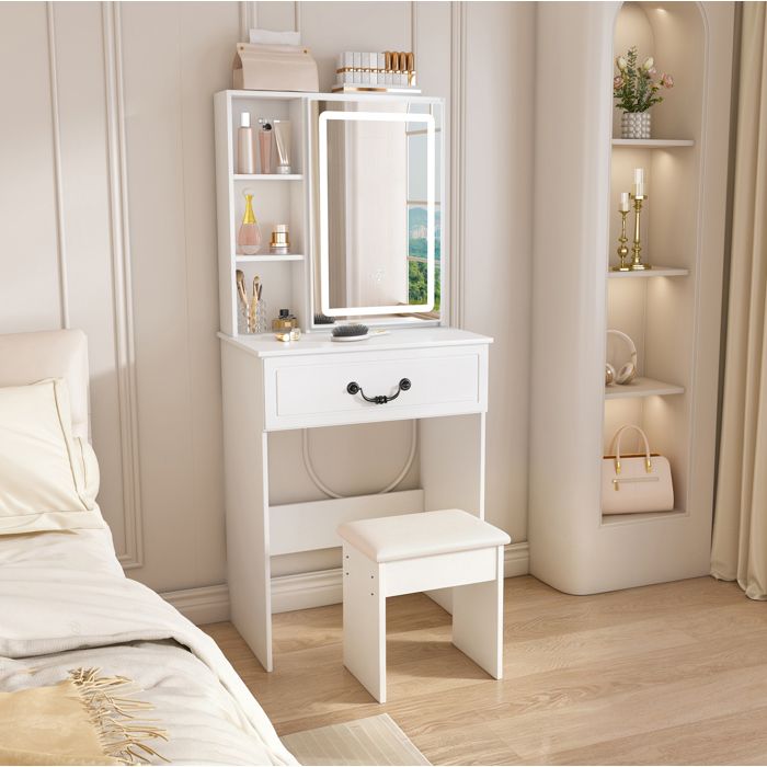 MEULVA Coiffeuse 60 x 36 x 131 5 cm avec miroir LED réglable 3 couleurs rangements et tabouret blanc MDF