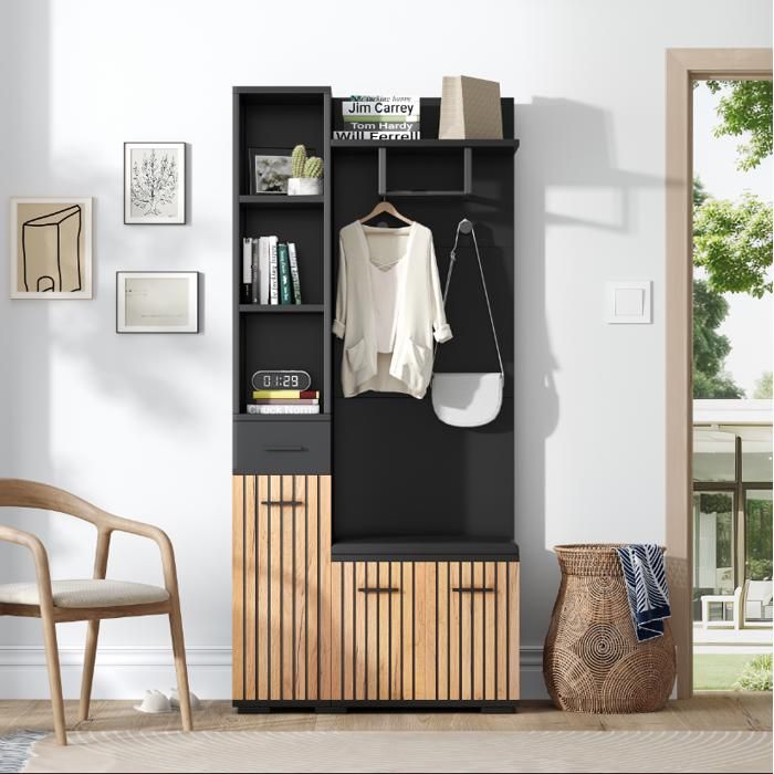 Meuble d’entrée 80 x 35 x 175 cm avec banc rangement à chaussures 2 placards et 1 tiroir noir et bois naturel