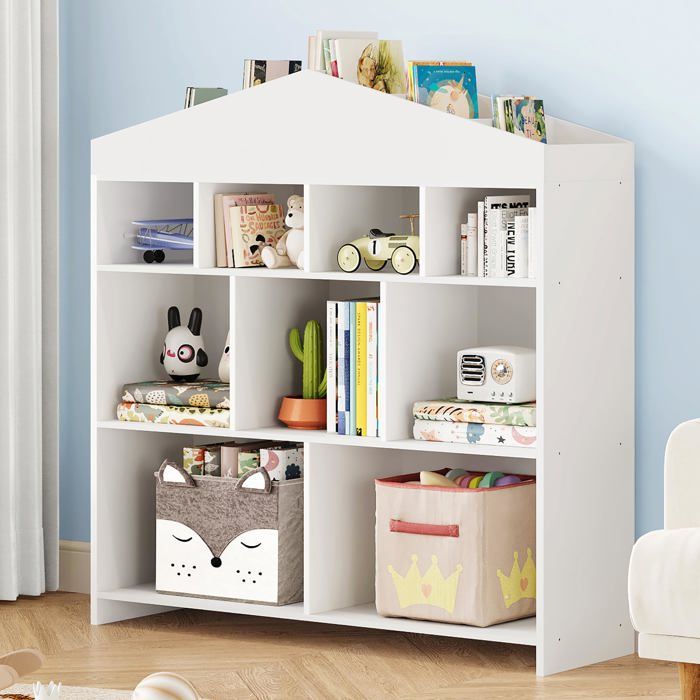 Sécurité et design maison Bibliothèque enfant en forme de maison 4 niveaux 15 cubes étagère à livres et jouets en bois rangement