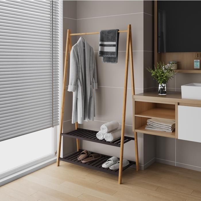 Portant à vêtements en bambou EVRYAE 80 x 40 x 150 cm avec tringle et 2 étagères vestiaire d’entrée