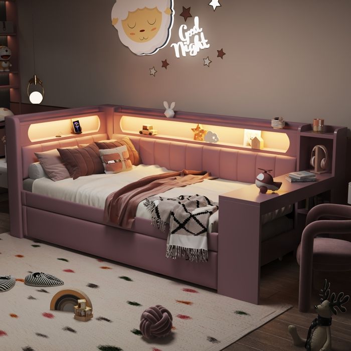 Daybed 90x200 capitonné rose avec LED USB lit gigogne 90x190 et bureau sommier inclus