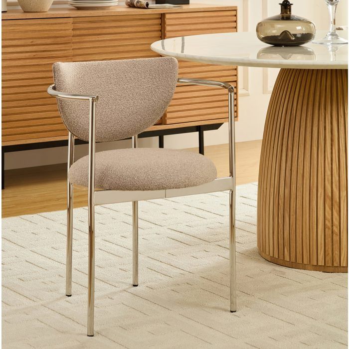 Chaises de Salle à Manger Lot de 2 avec Accoudoirs - MEUNIQ - Dossier Arrondi Tissu et Inox Poli Beige Clair