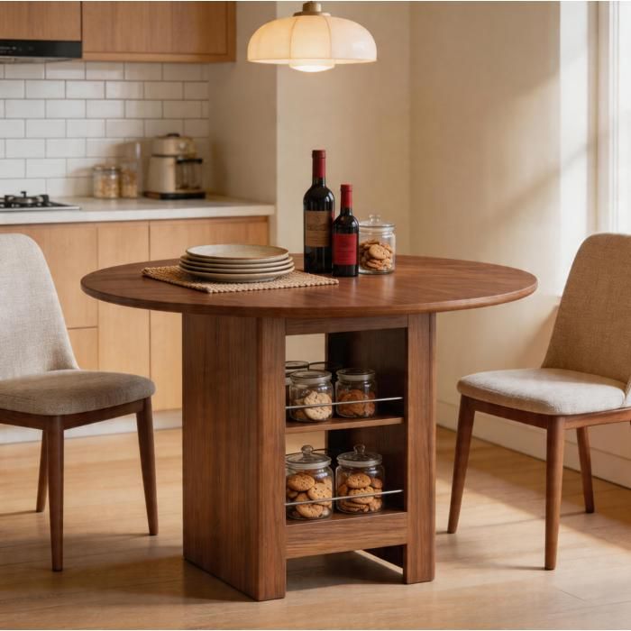 Table à manger ronde 100 cm avec rangements ouverts décor noyer aspect bois MDF 4 à 6 personnes