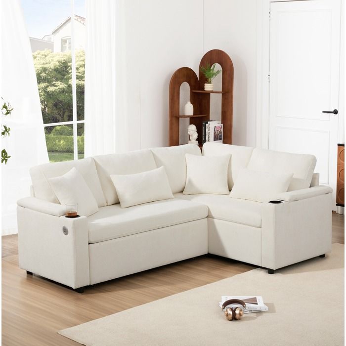 ROVRYN canapé dangle convertible 4 places méridienne droite fixe rangement USB chenille beige